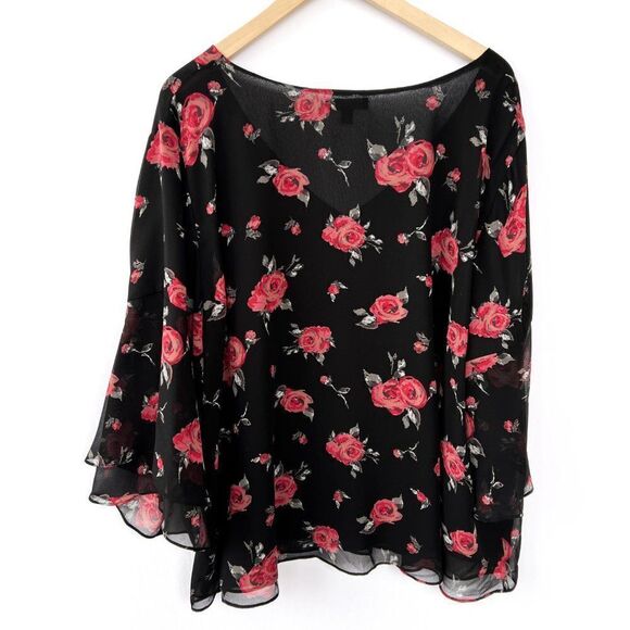 Lane Bryant Black Red Rose Floral Print Semi Sheer Ruffle Sleeve Top 26/28 - Picture 5 of 7